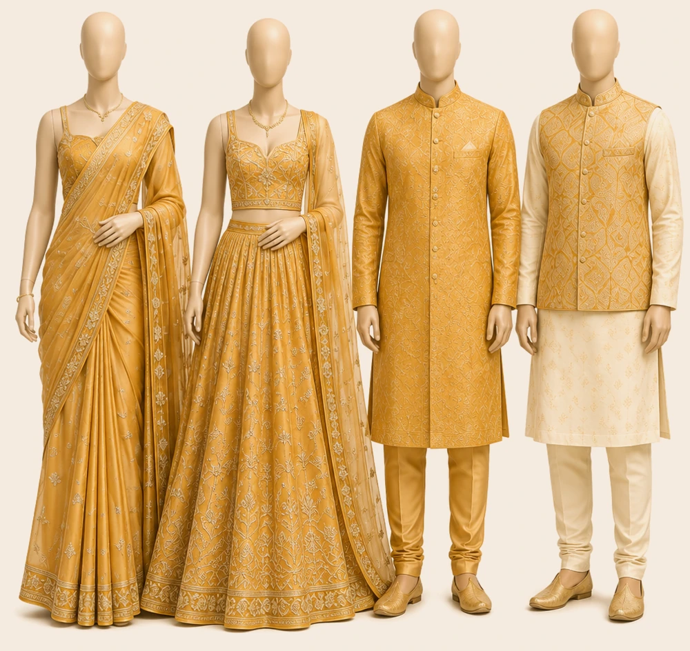 Two women’s and two men’s formal South Asian outfit examples in yellow and gold