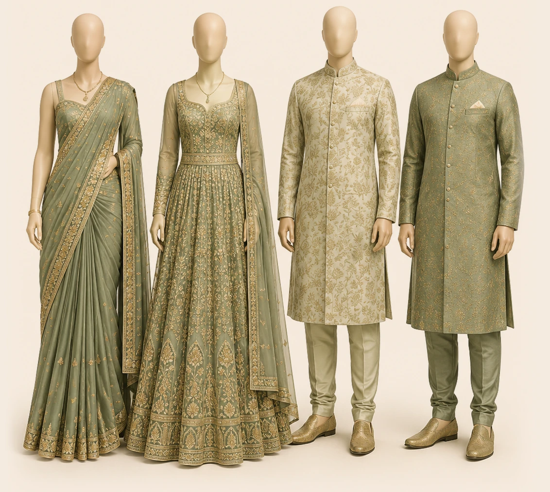 Two women’s and two men’s formal South Asian outfit examples in sage green and warm neutral tones