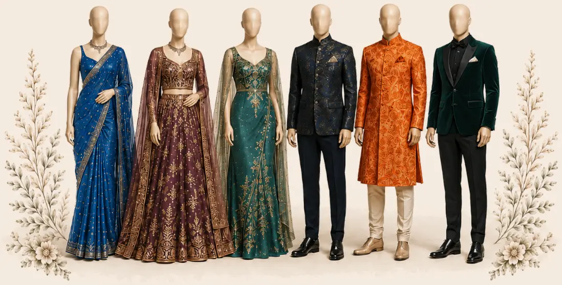 Women’s and men’s Indo-Western and formal wedding outfit examples in royal blue, burgundy, teal, navy, orange, and emerald