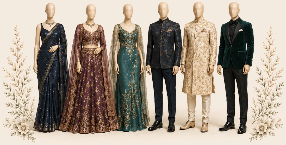 Women’s and men’s Indo-Western and formal wedding outfit examples in navy, burgundy, teal, ivory, and emerald