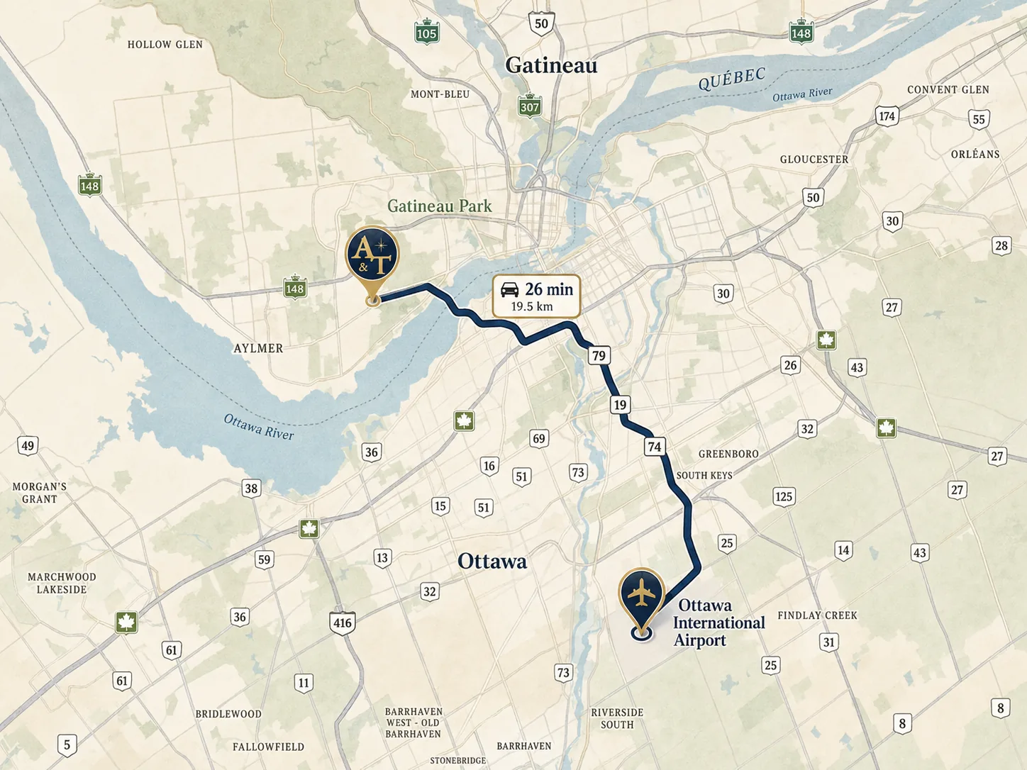 Preview route map from Ottawa International Airport to Château Cartier in Gatineau